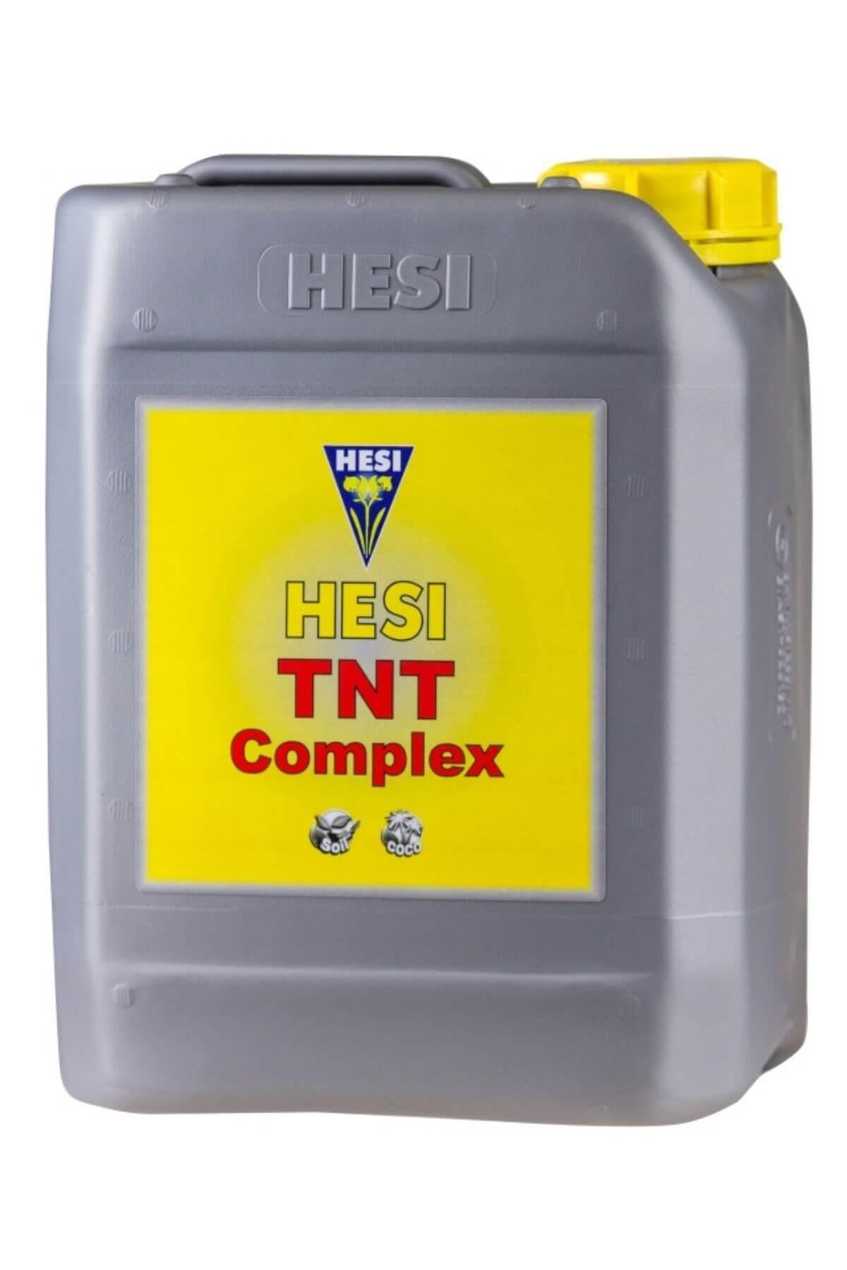 Hesi TNT Complex 5 litre gri bidon – sarı etiket, siyah bitki amblemi, sarı kapak ve kulplu gövde