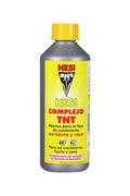 Hesi TNT Complex 500 ml gümüş renkli şişe – sarı etiket, siyah bitki amblemi ve sarı vidalı kapak