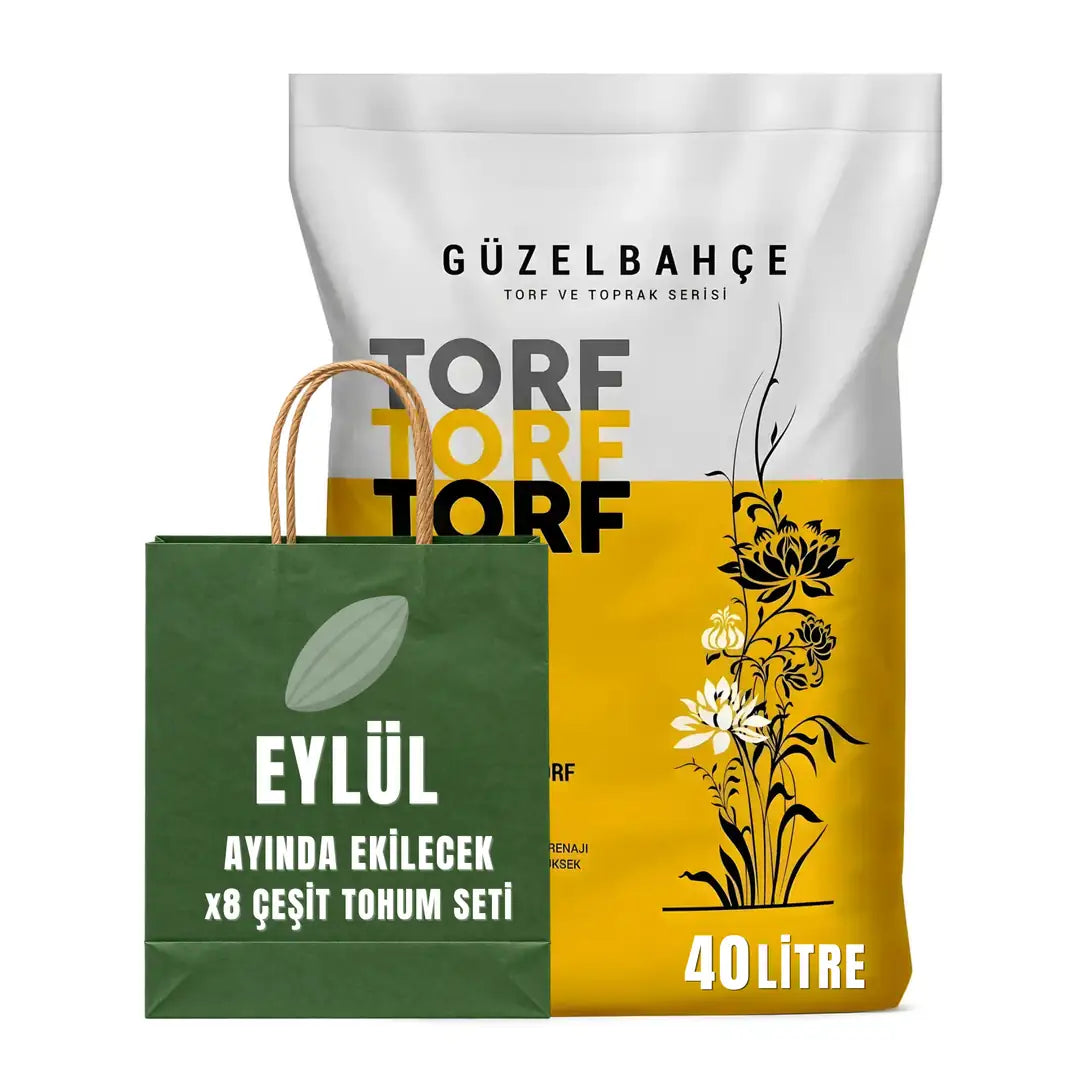 Eylül tohum seti kraft çantası ile 40 litrelik torf torbası yan yana