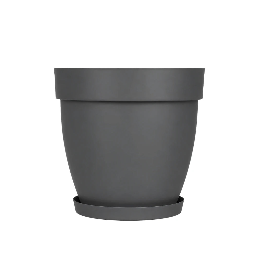 Cornet tabaklı dekoratif saksı 25 litre – 36,5 cm çaplı antrasit saksı ve alt tabağı