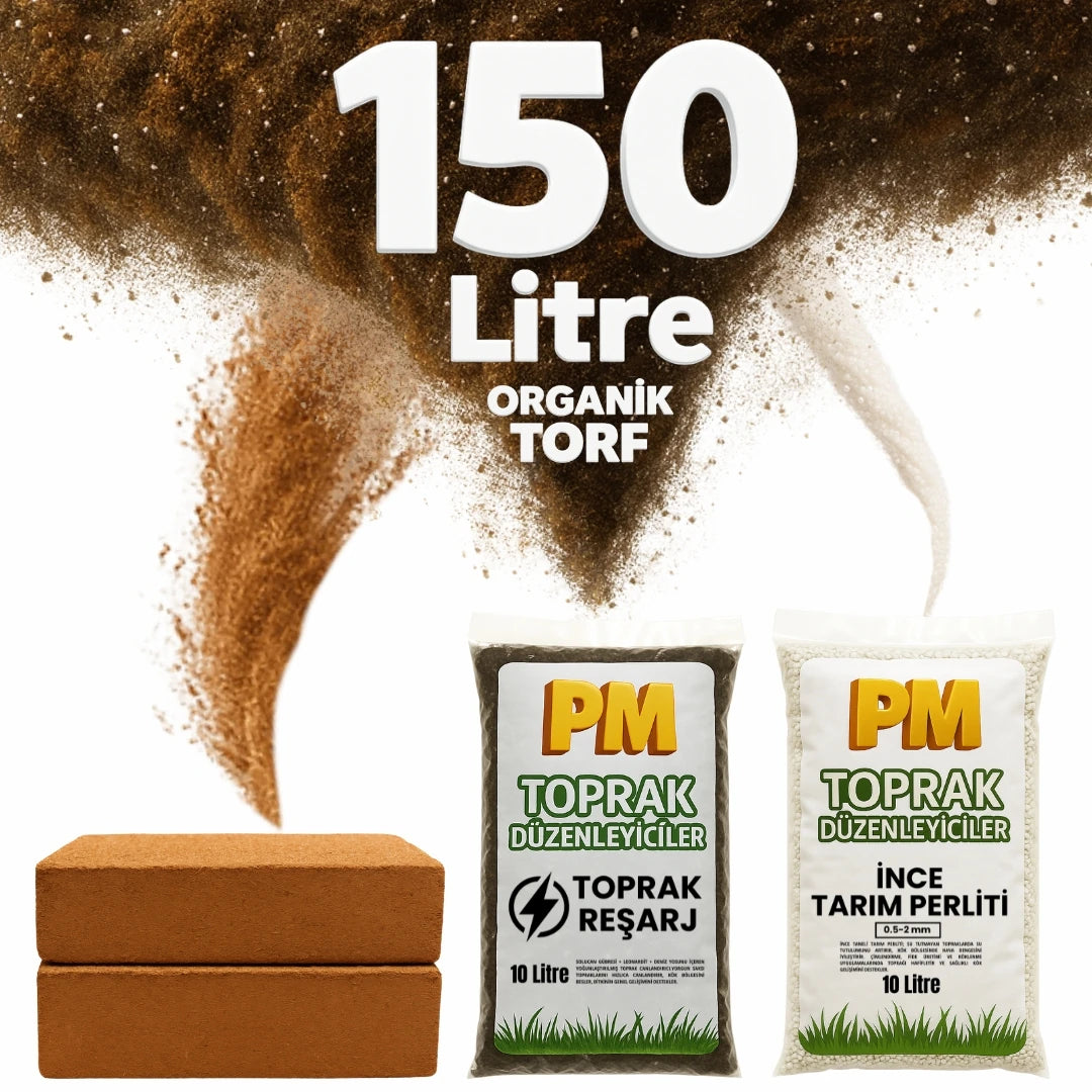 150 litrelik organik torf seti – iki sıkıştırılmış cocopeat bloğu, toprak reşarj ve ince perlit
