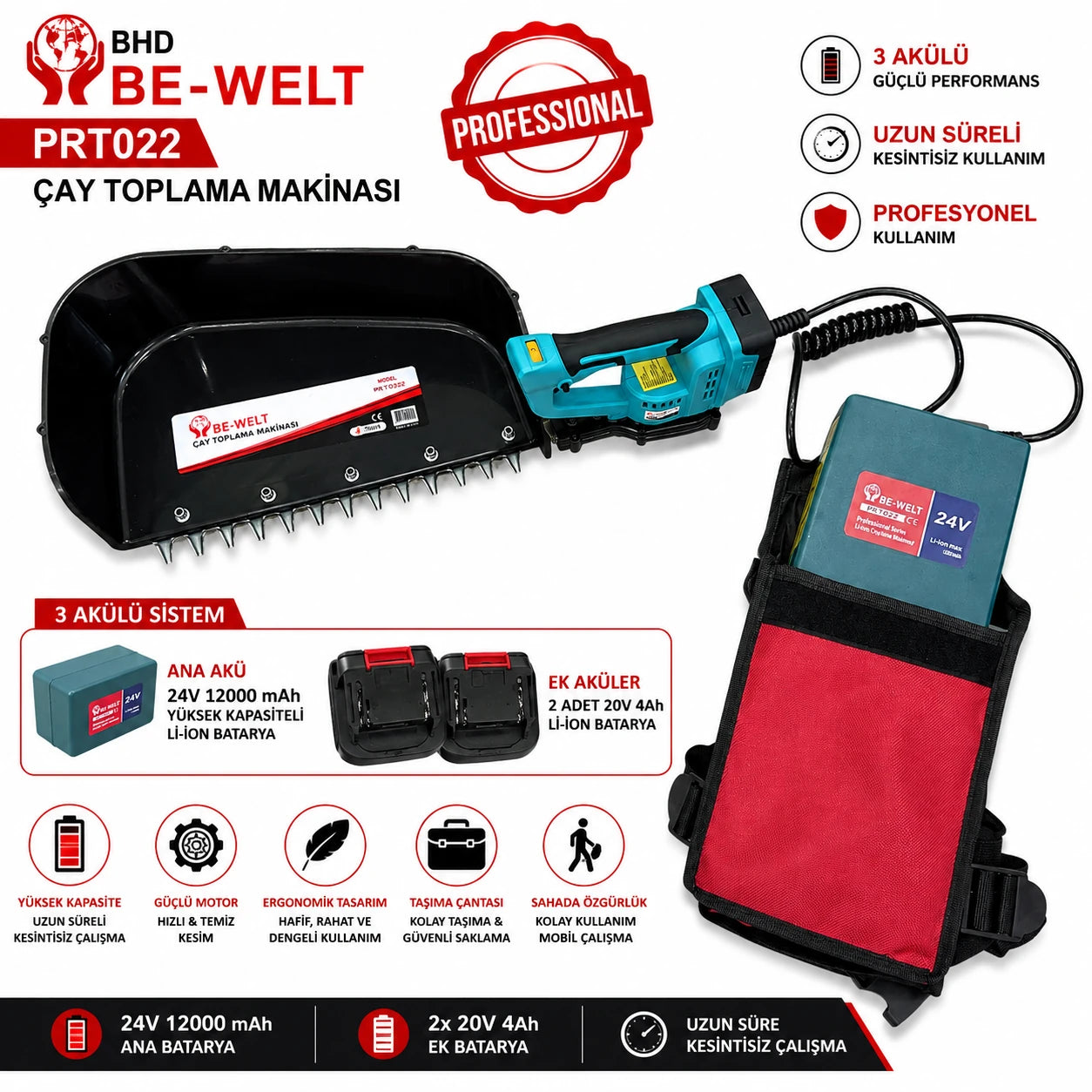 BHD BE-WELT PRT022 akülü çay toplama makinesi – 24V, üç bataryalı set