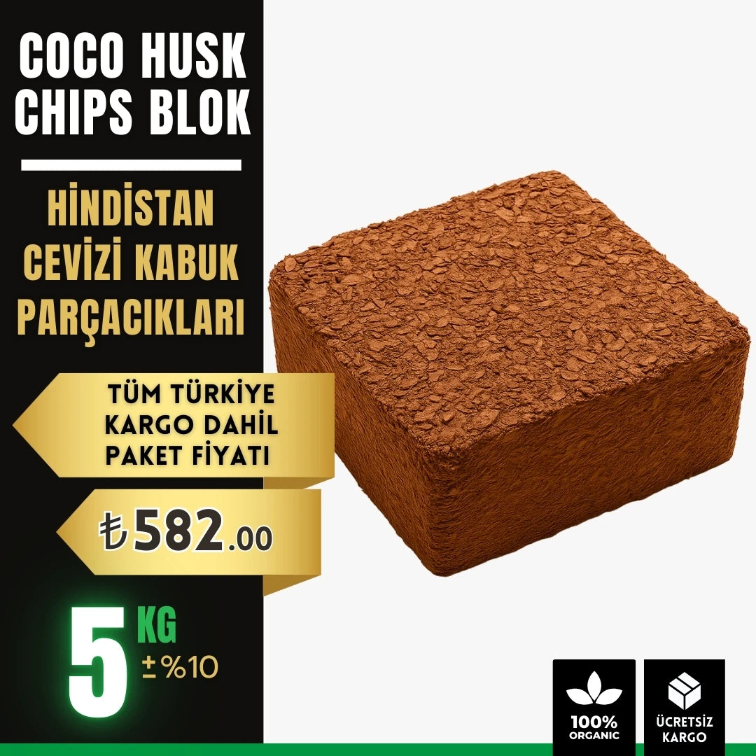 Coco husk chips blok 5 kg – orkide ve drenaj için iri hindistan cevizi kabuğu parçaları