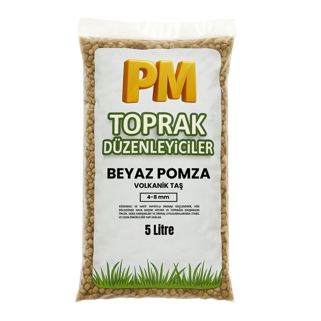 Beyaz pomza volkanik taş 4-8 mm – su tutan hafif ve gözenekli toprak düzenleyici, 5 litre