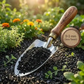 Biochar 0-3 mm ince taneli – bahçe toprağı üzerinde ahşap saplı mala içinde siyah gözenekli biochar granülleri, yanında 0-3 mm ince taneli etiketi