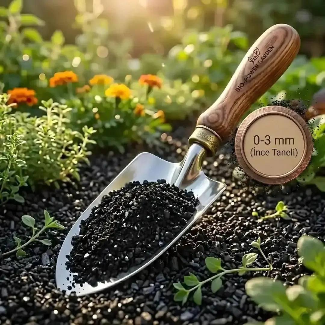 Biochar 0-3 mm ince taneli – bahçe toprağı üzerinde ahşap saplı mala içinde siyah gözenekli biochar granülleri, yanında 0-3 mm ince taneli etiketi
