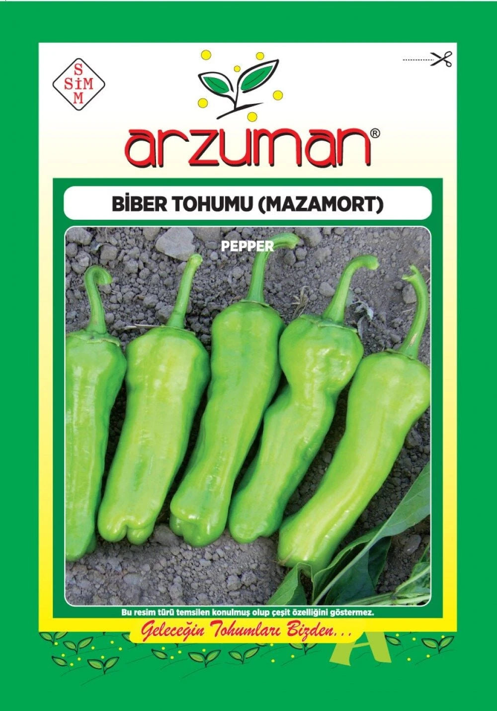 Arzuman Mazamort üçburun biber tohumu paketi – koyu zemin üzerinde dizilmiş açık yeşil, uçları üç köşeli köy biberleri görseli