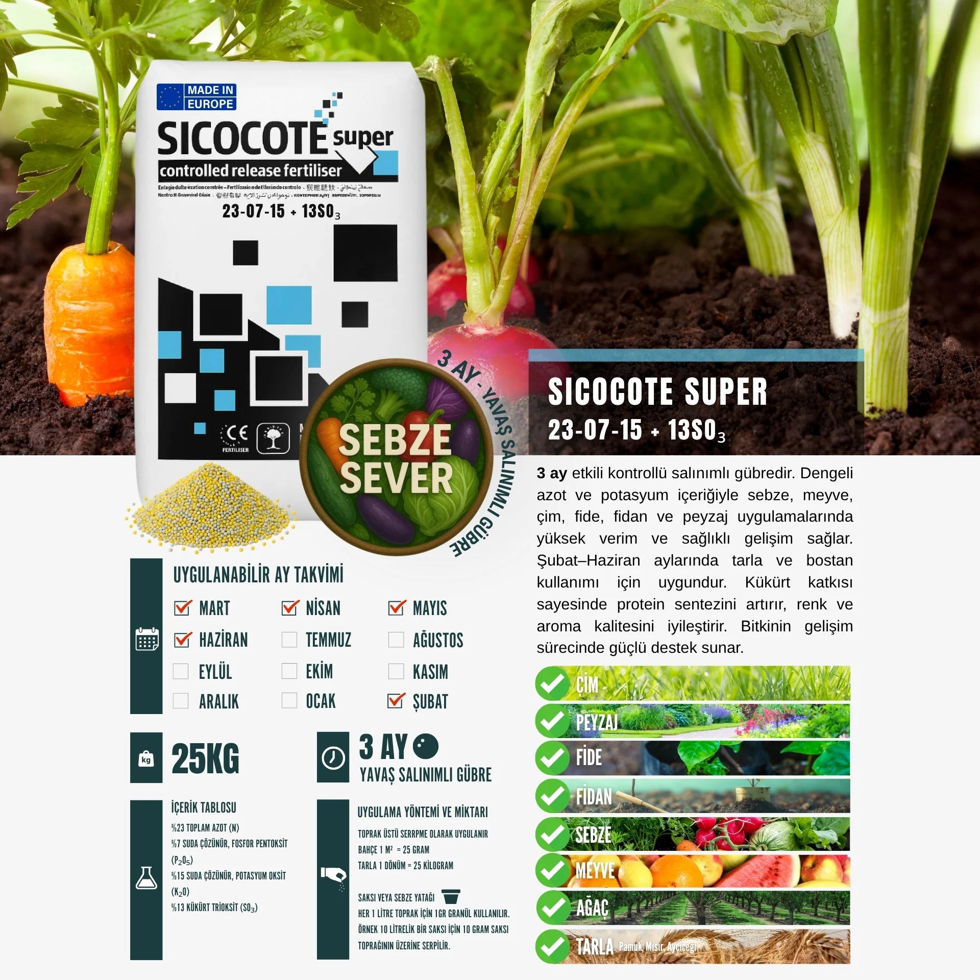 SICOCOTE NPK GÜBRE | 23-07-15 + 13SO₃ | 3 Ay Salınım | 25 KG