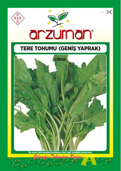 Arzuman geniş yapraklı tere tohumu paketi – bir arada duran koyu yeşil, geniş ve dilimli tere yaprakları görseli