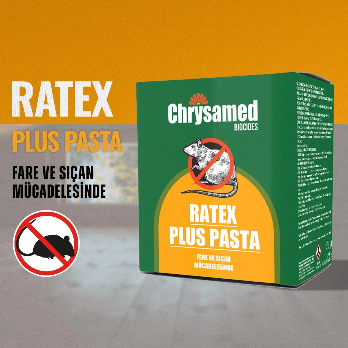 Chrysamed Ratex Plus Pasta 100 g – turuncu zeminli tanıtım görselinde yeşil karton kutu ve fare-sıçan simgesi