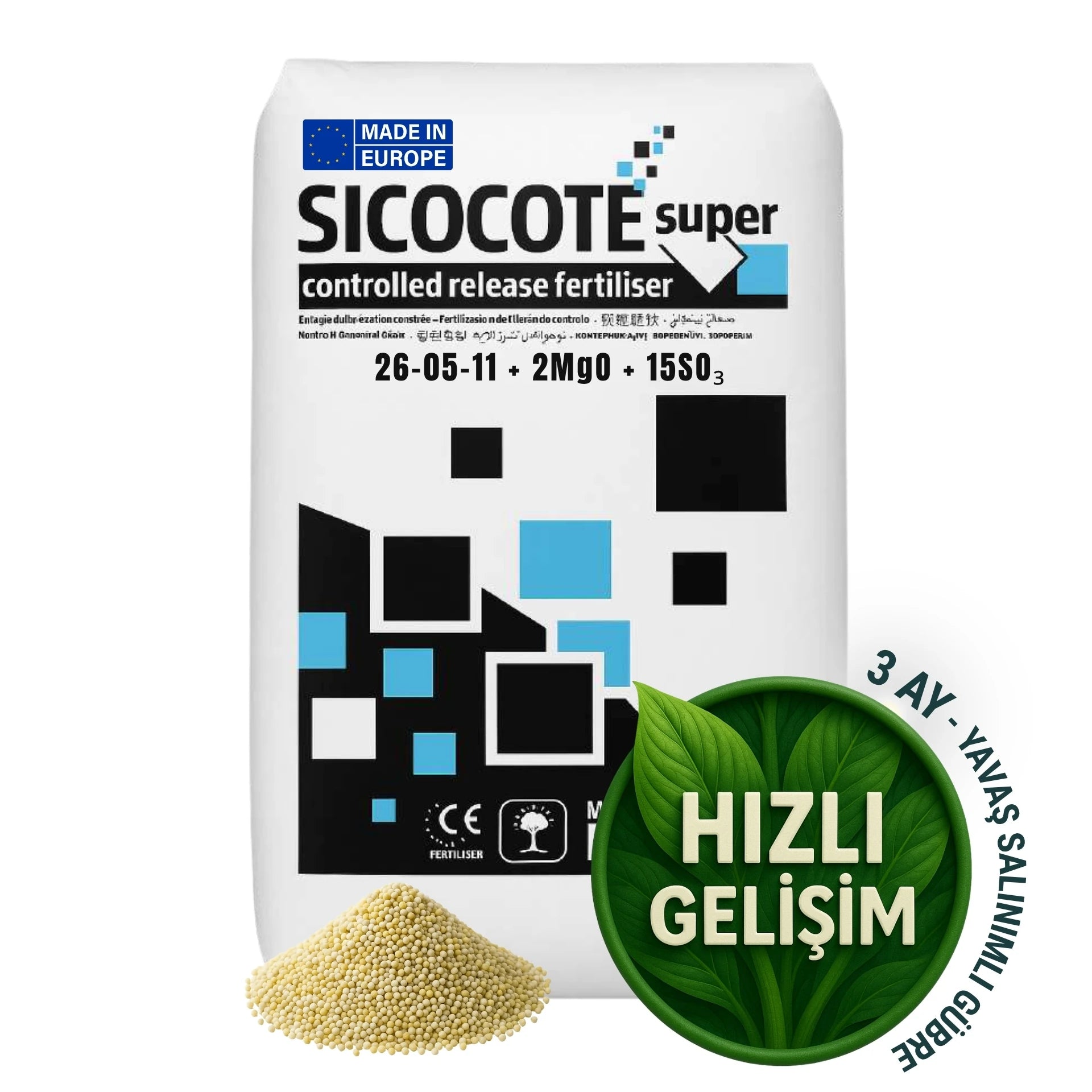SICOCOTE NPK gübre 26-05-11 – 3 ay salınımlı en yüksek azotlu formül, 25 kg