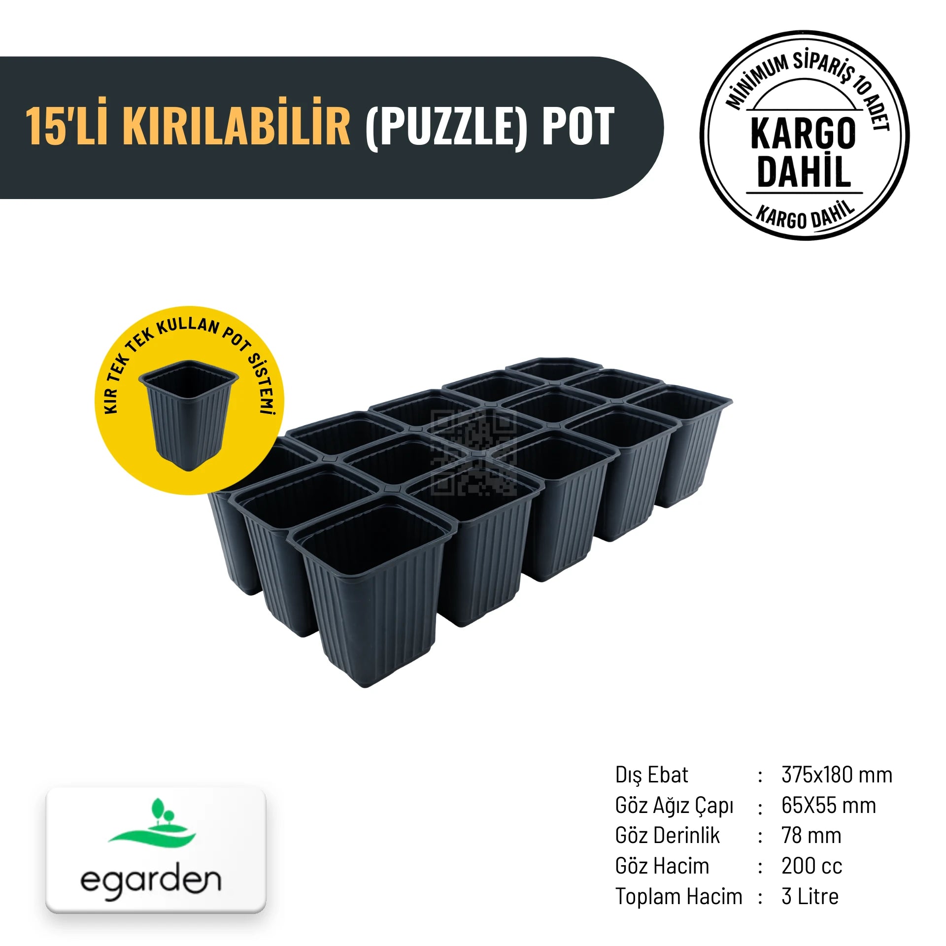 15'li kırılabilir puzzle pot – 200 cc, tek tek ayrılabilen fide kapları