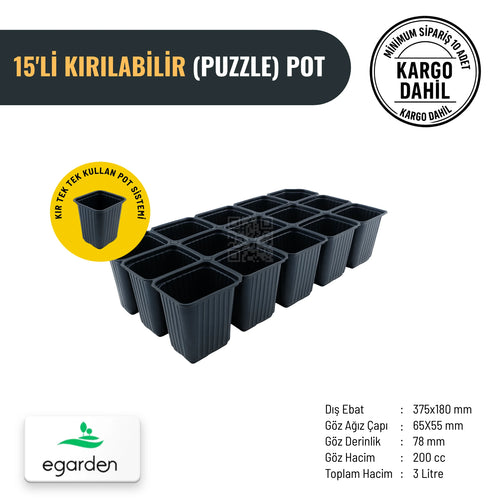 15'li kırılabilir puzzle pot – 200 cc, tek tek ayrılabilen fide kapları