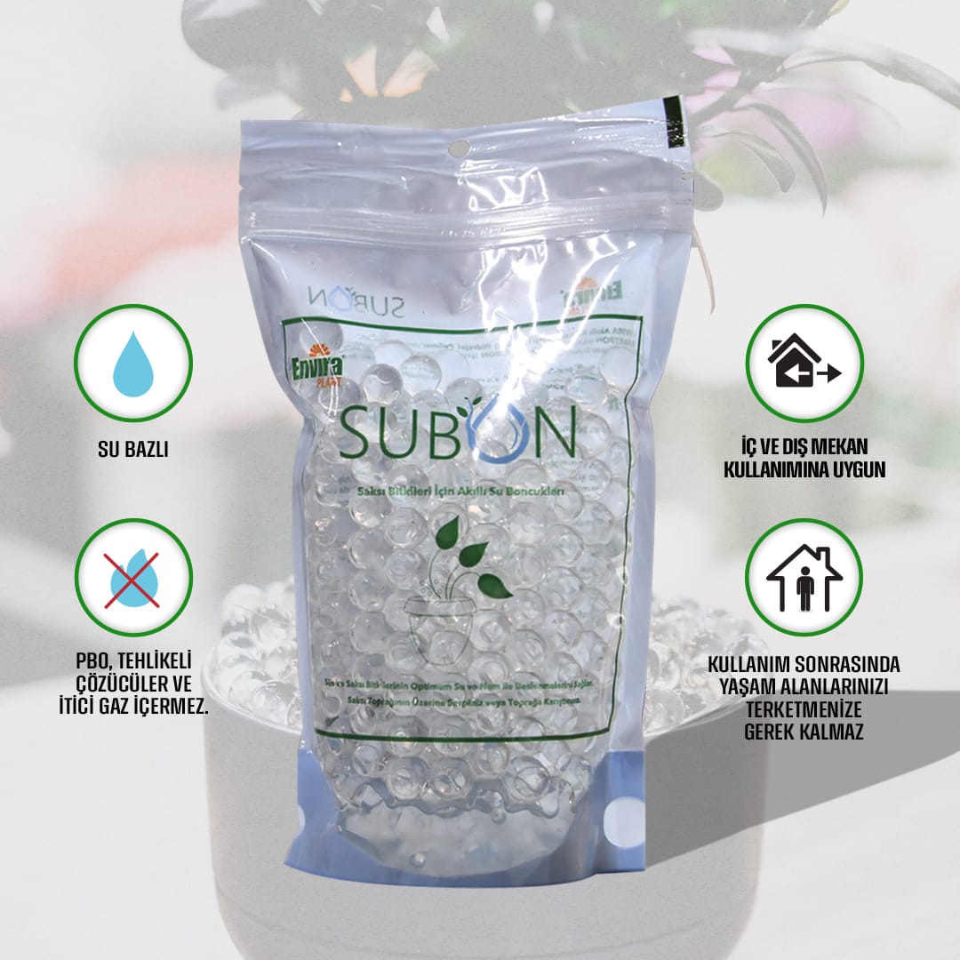 Subon su boncukları – ürün poşeti ve çevresinde su bazlı, iç-dış mekân kullanımı ve içerik bilgisi simgeleri