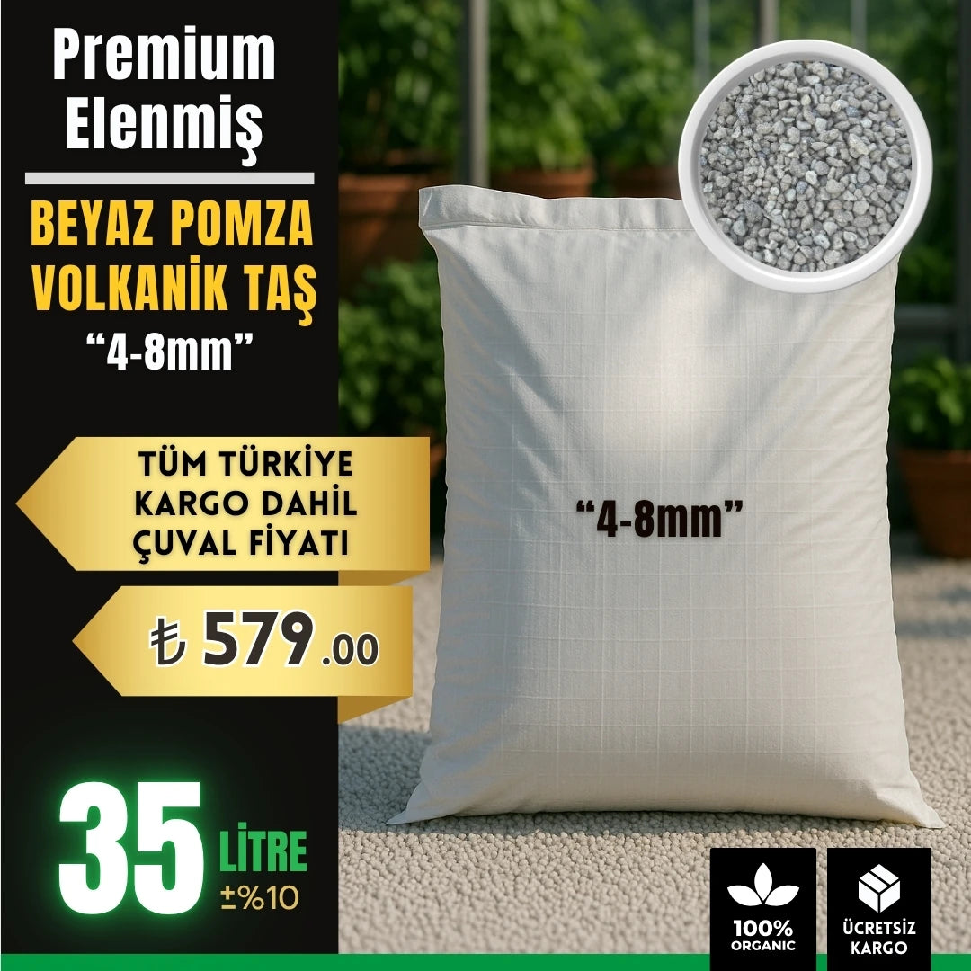 Premium elenmiş beyaz pomza 4-8 mm – 35 litrelik çuval, volkanik taş