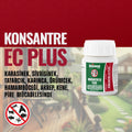 Chrysamed Konsantre EC Plus 50 ml – bordo zeminli tanıtım görselinde küçük beyaz konsantre şişesi ve hedef haşere simgeleri