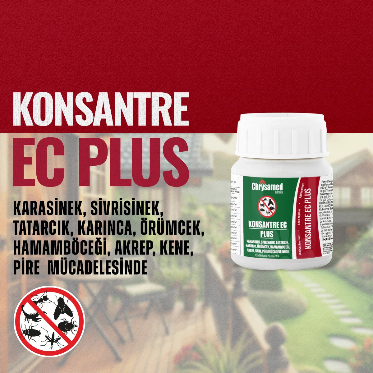 Chrysamed Konsantre EC Plus 50 ml – bordo zeminli tanıtım görselinde küçük beyaz konsantre şişesi ve hedef haşere simgeleri