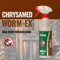 Chrysamed Worm-Ex 500 ml – kahverengi zeminli tanıtım görselinde tetikli sprey şişe ve ağaç kurdu simgesi