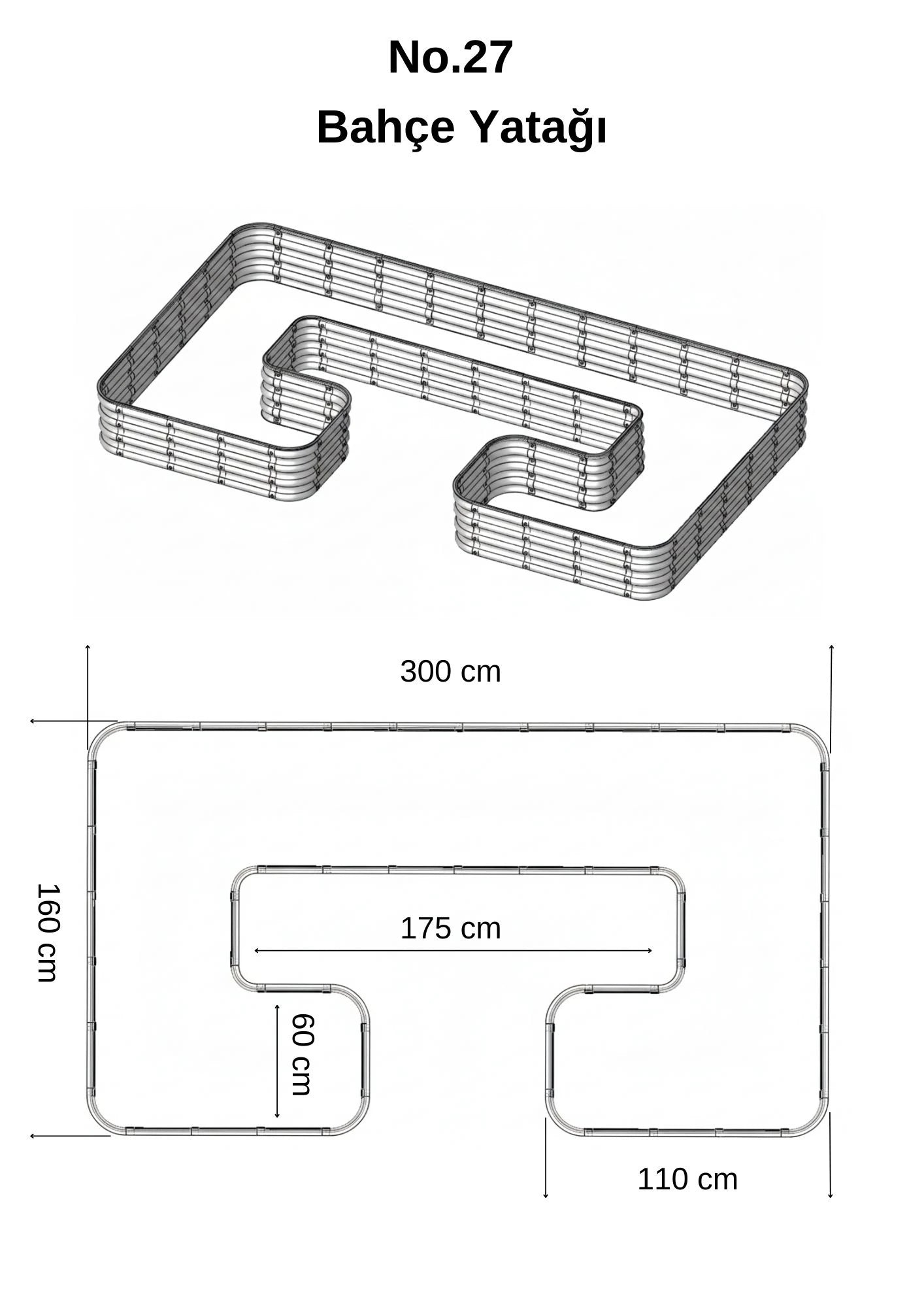 Modüler Yükseltilmiş Bahçe Yatağı Şekilli Seri No:27 - 300x165x30 cm