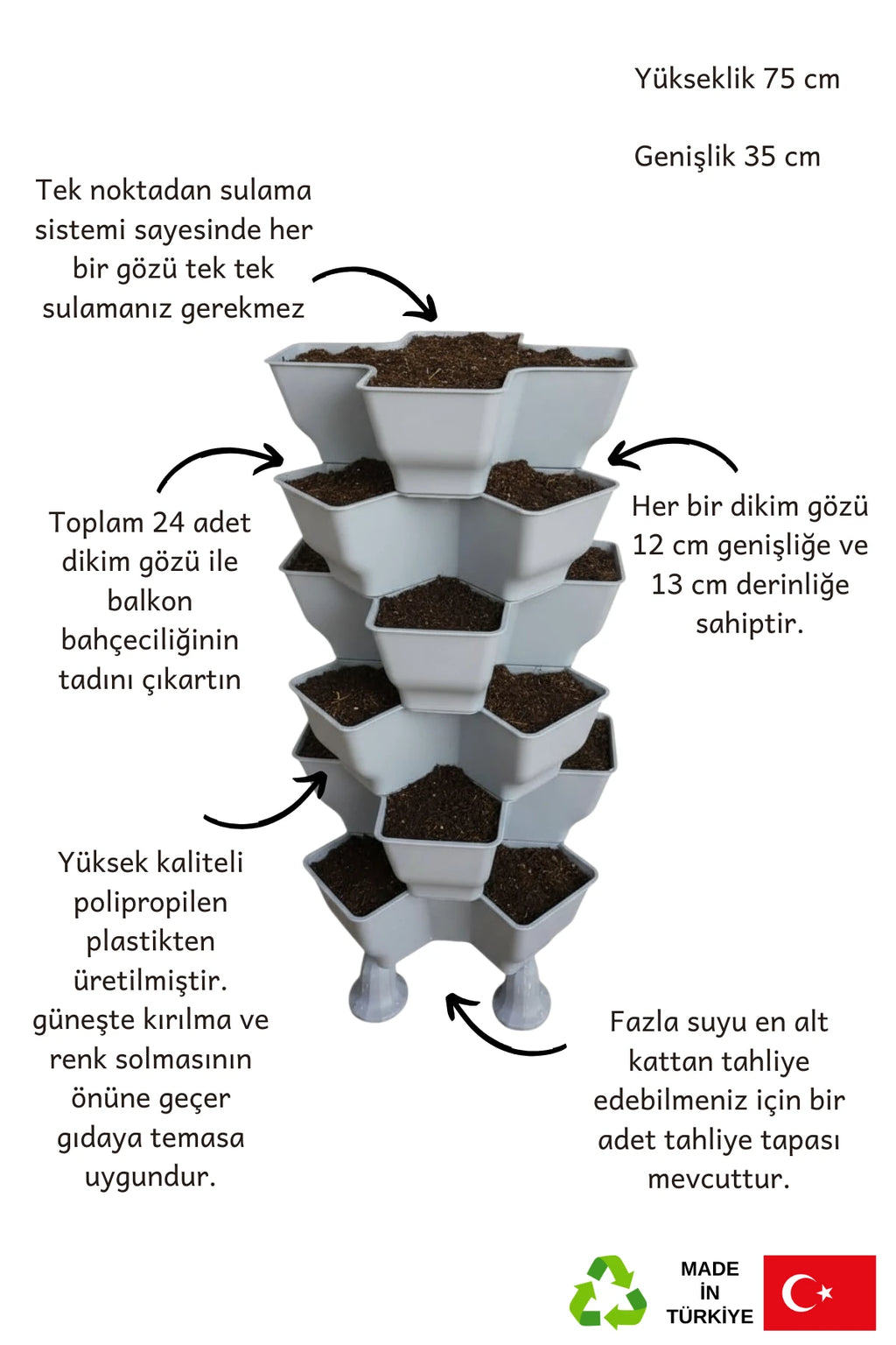 Yonca Sabit Bahçe Kulesi 6 Kat - 24 Gözlü Dikey Tarım Kulesi