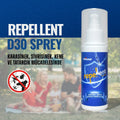 Chrysamed Repellent D30 100 ml – lacivert zeminli tanıtım görselinde mavi etiketli pompalı sprey şişe ve kene, sivrisinek simgeleri