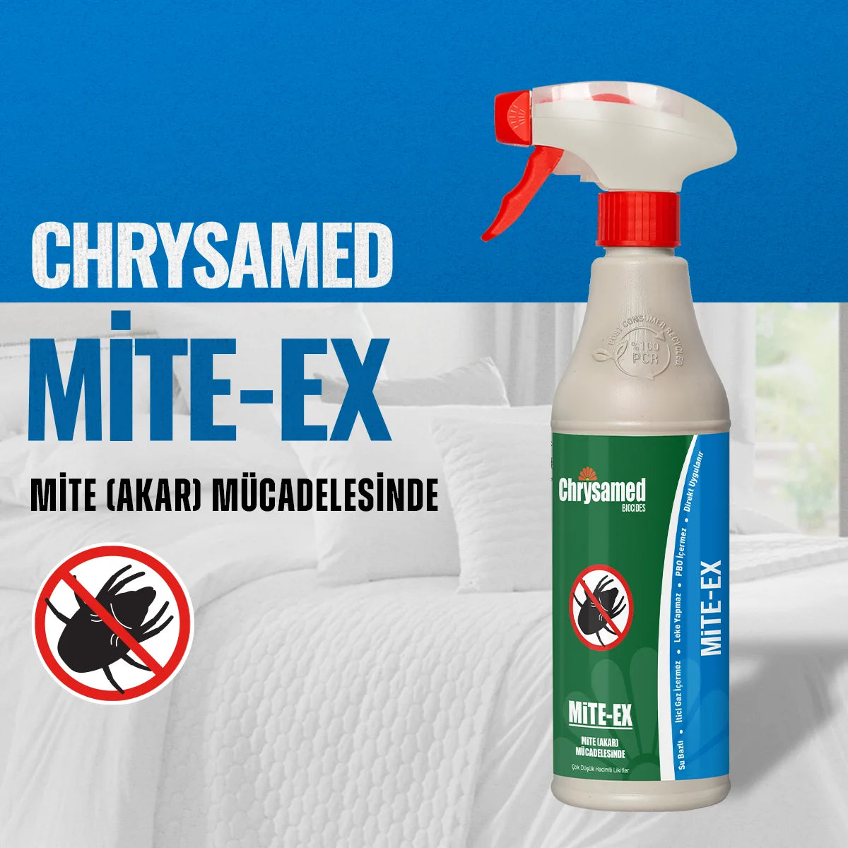 Chrysamed Mite-Ex 500 ml – mavi zeminli tanıtım görselinde beyaz yatak fotoğrafı üzerinde tetikli sprey şişe ve akar simgesi