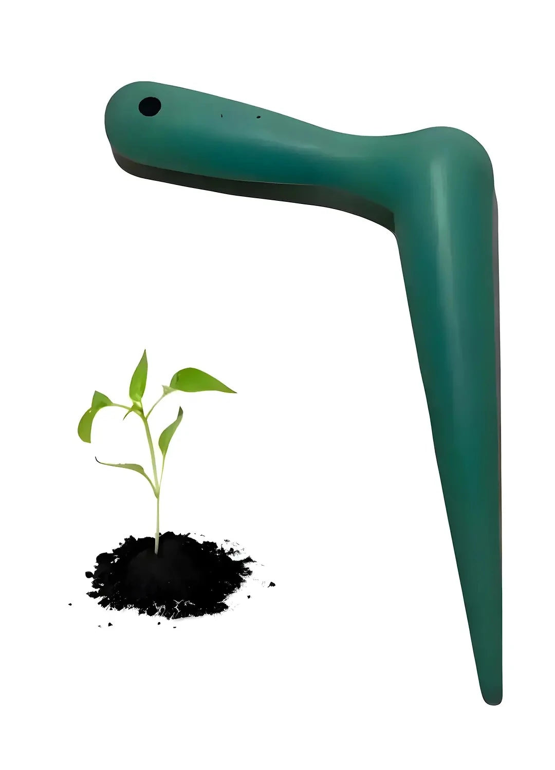 Star Garden plastik fide dikme aleti – koyu yeşil L formlu plastik alet ve yanında toprakta duran küçük fide görseli