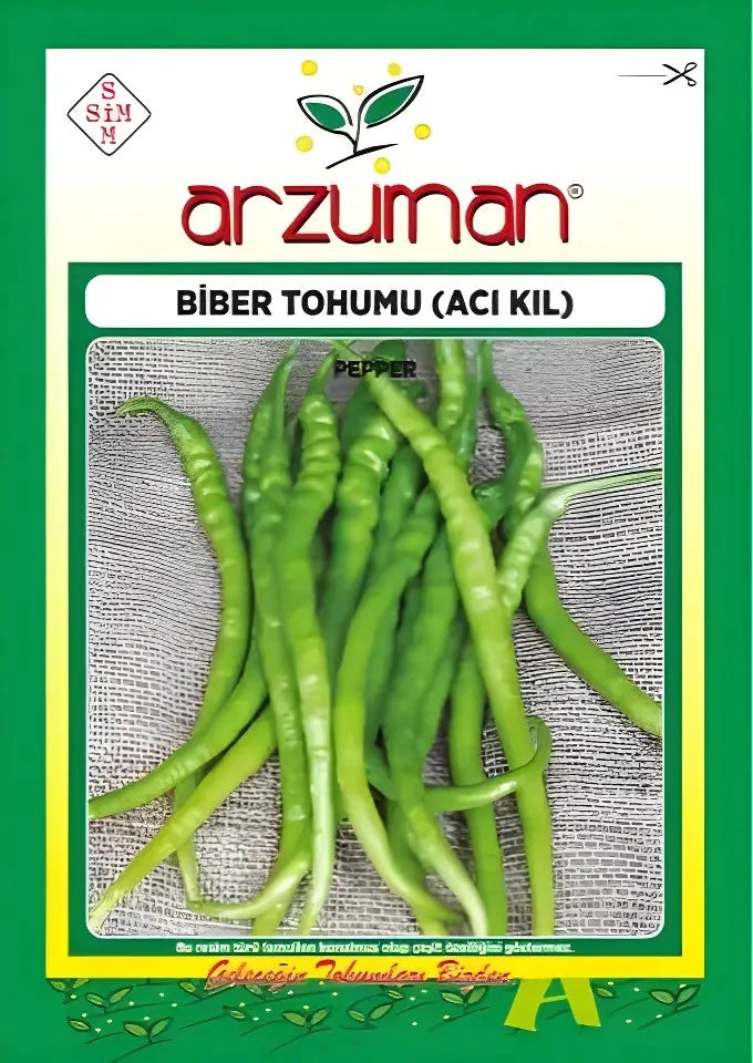 Arzuman acı kıl biber tohumu paketi – gri zemin üzerinde yan yana dizilmiş ince uzun, açık yeşil sivri biberler görseli