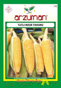 Arzuman tatlı mısır tohumu paketi – kabukları soyulmuş, altın sarısı iri taneli dört mısır koçanı görseli