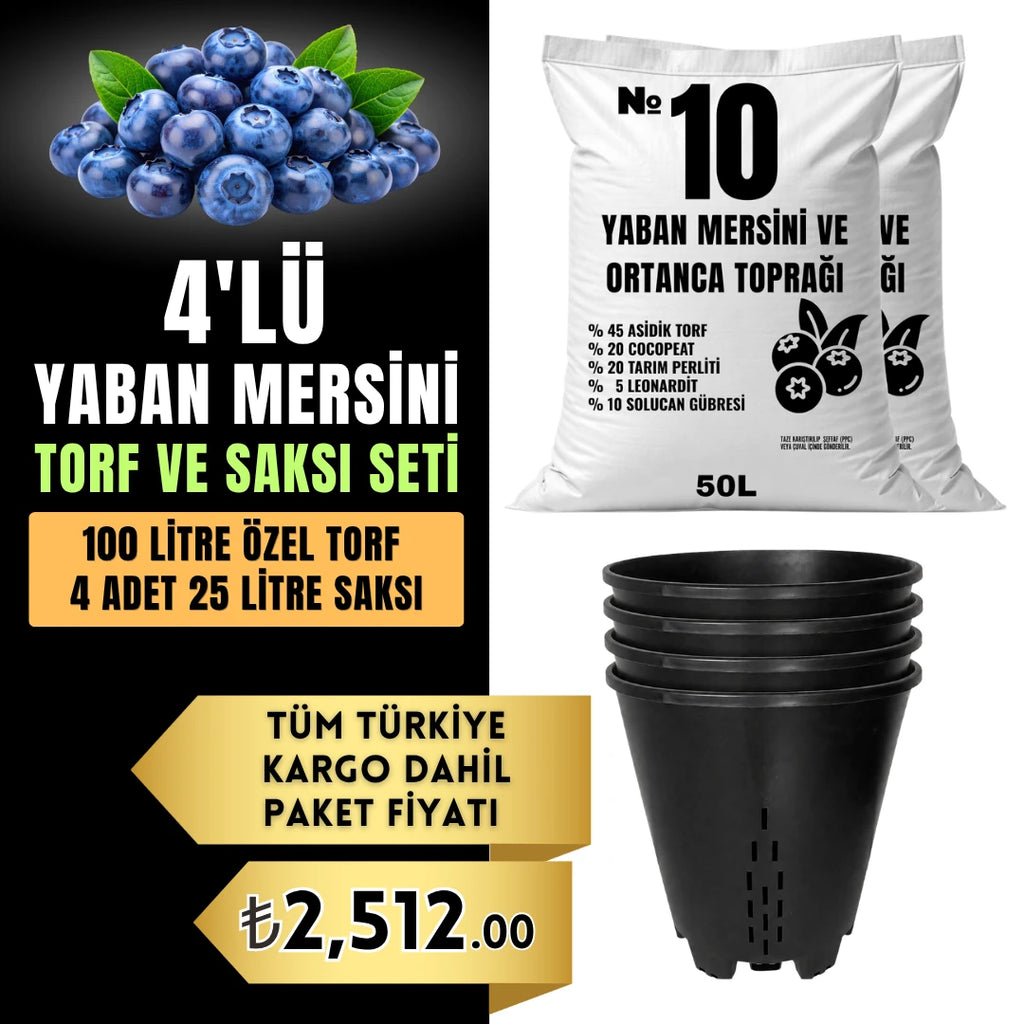 Yaban mersini torf ve saksı seti – 100 litre asidik toprak ve 4 adet drenajlı saksı