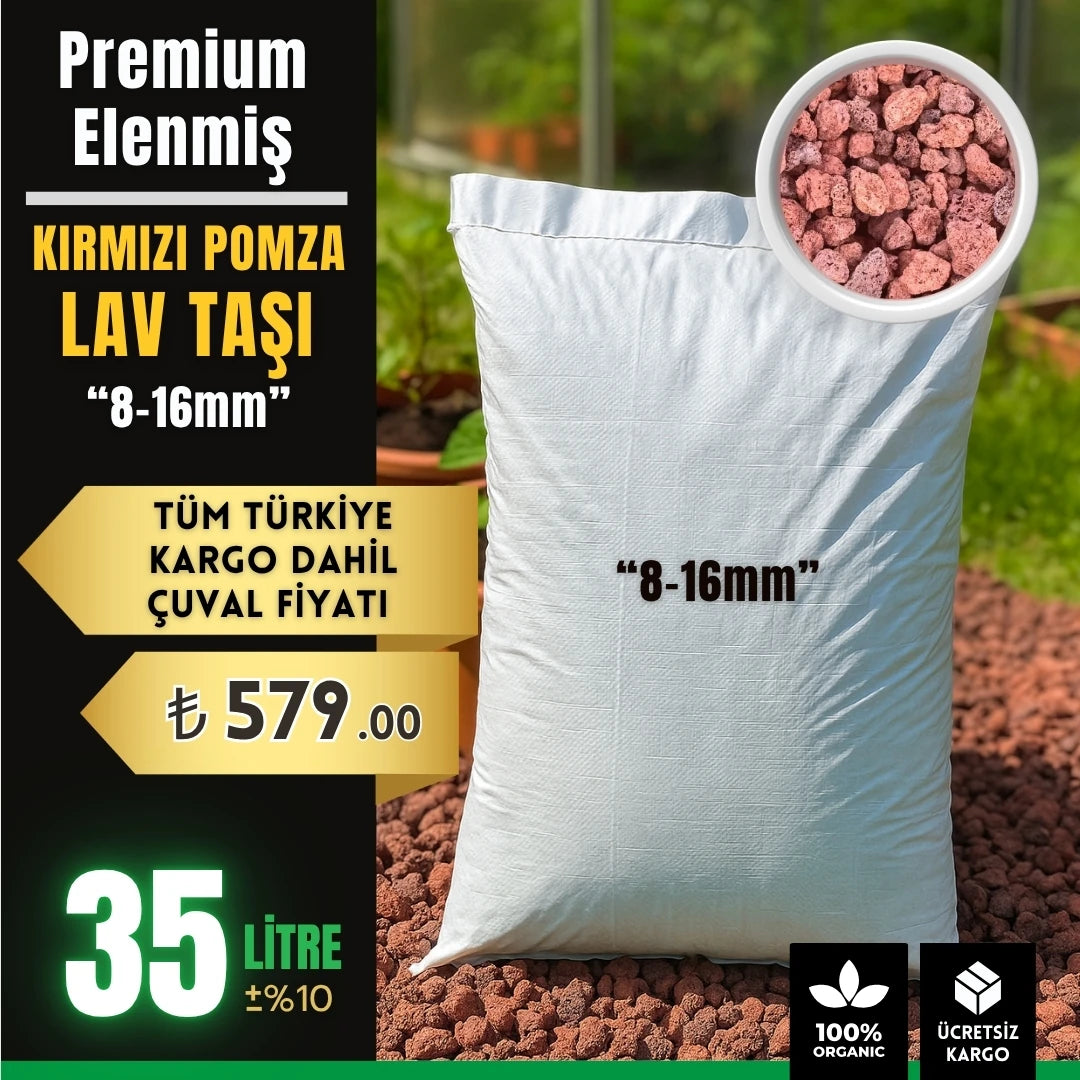 Premium elenmiş kırmızı pomza lav taşı 8-16 mm – 35 litrelik iri tane çuvalı