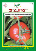 Arzuman Marmande domates tohumu paketi – dalında duran basık, omuzları dilimli parlak kırmızı domates görseli