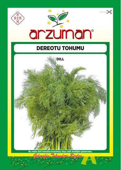 Arzuman Derem dereotu tohumu paketi – beyaz zemin üzerinde duran ince tüylü, canlı yeşil dereotu demeti görseli