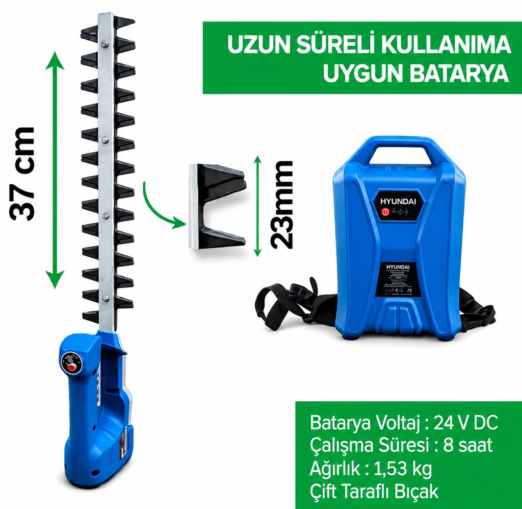 Hyundai HHT24-W Akülü Çift Taraflı Çit Budama Makinesi 24V 370 mm