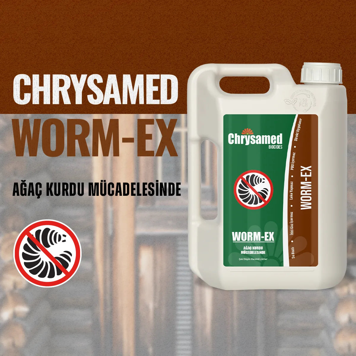 Chrysamed Worm-Ex 2 litre – kahverengi zeminli tanıtım görselinde kulplu bidon ve yanında ürün şişesi, ağaç kurdu simgesi