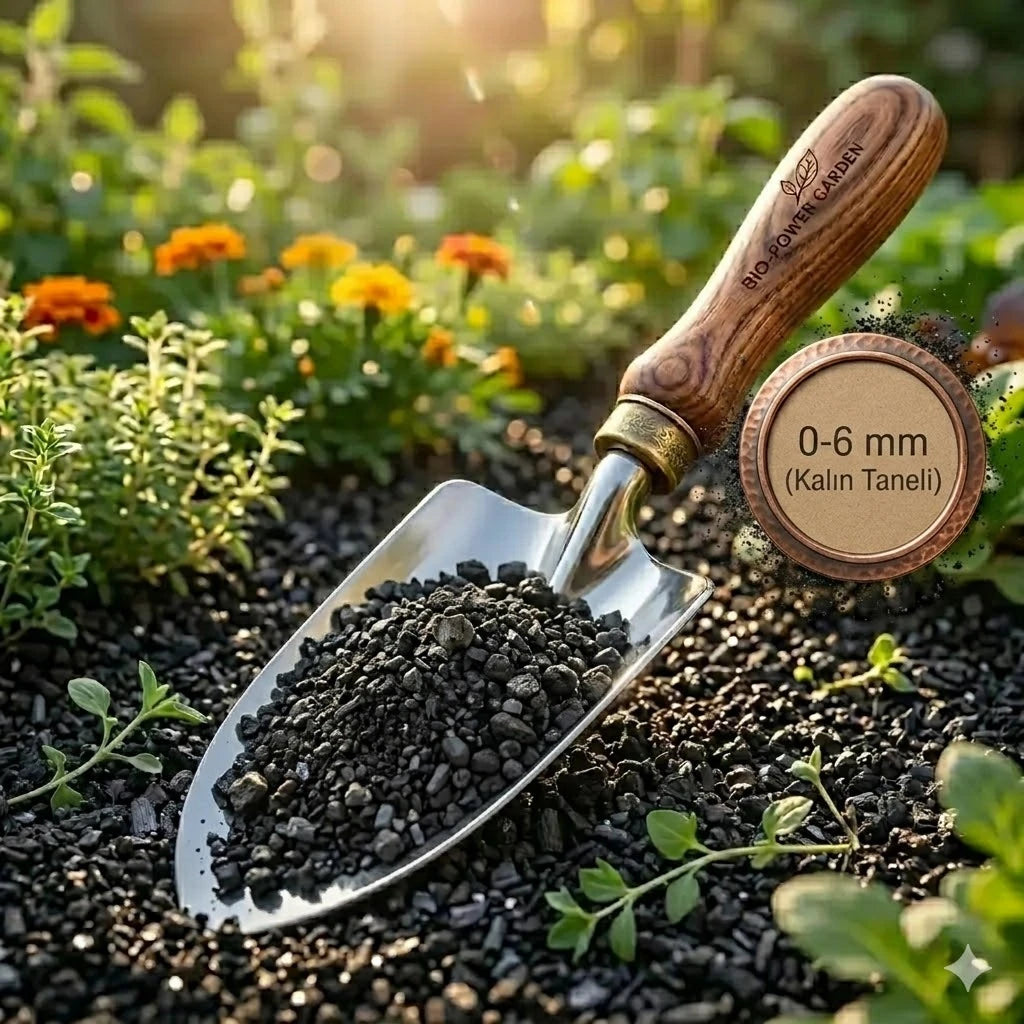 Biochar 0-6 mm kalın taneli – bahçe toprağı üzerinde ahşap saplı mala içinde iri siyah biochar granülleri, yanında 0-6 mm kalın taneli etiketi