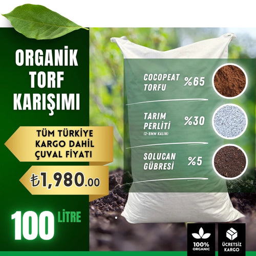 100 litrelik organik torf paketi – cocopeat, perlit ve solucan gübresi karışımı