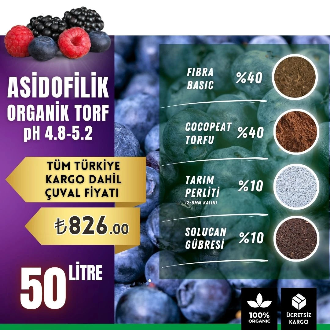 Asidofilik organik torf 50 litre – yaban mersini, ortanca ve böğürtlen için pH 4,8-5,2