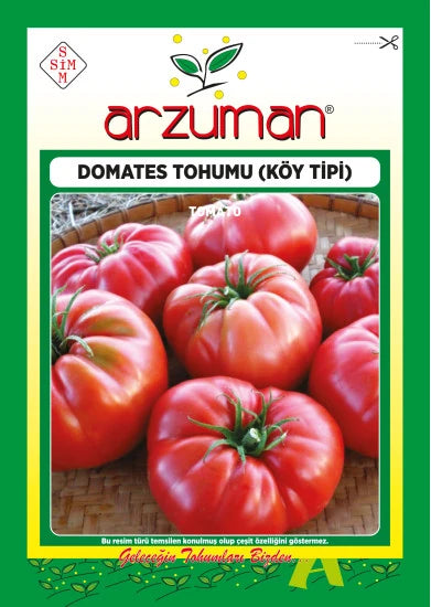 Arzuman köy tipi domates tohumu paketi – hasır üzerinde bir arada duran iri, pembemsi kırmızı ve dilimli omuzlu domatesler görseli