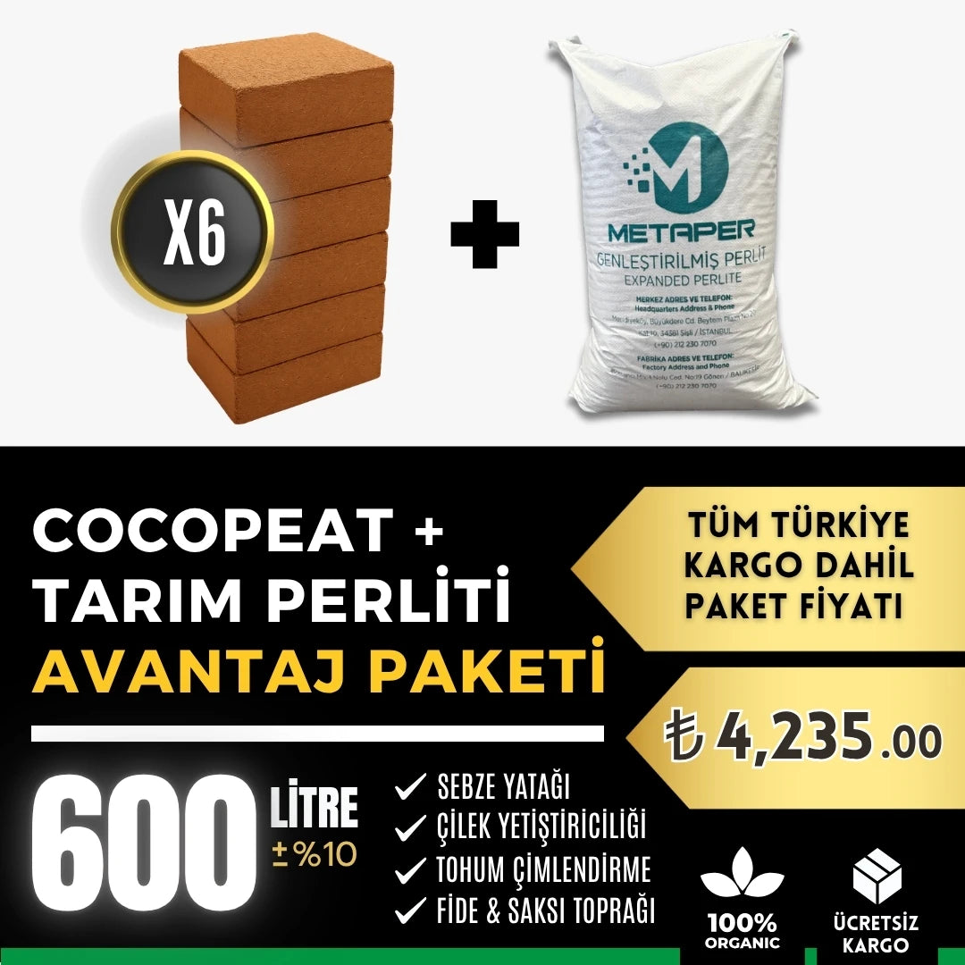 Cocopeat ve tarım perliti 600 litrelik avantaj paketi – altı cocopeat bloğu ve 200 litre perlit