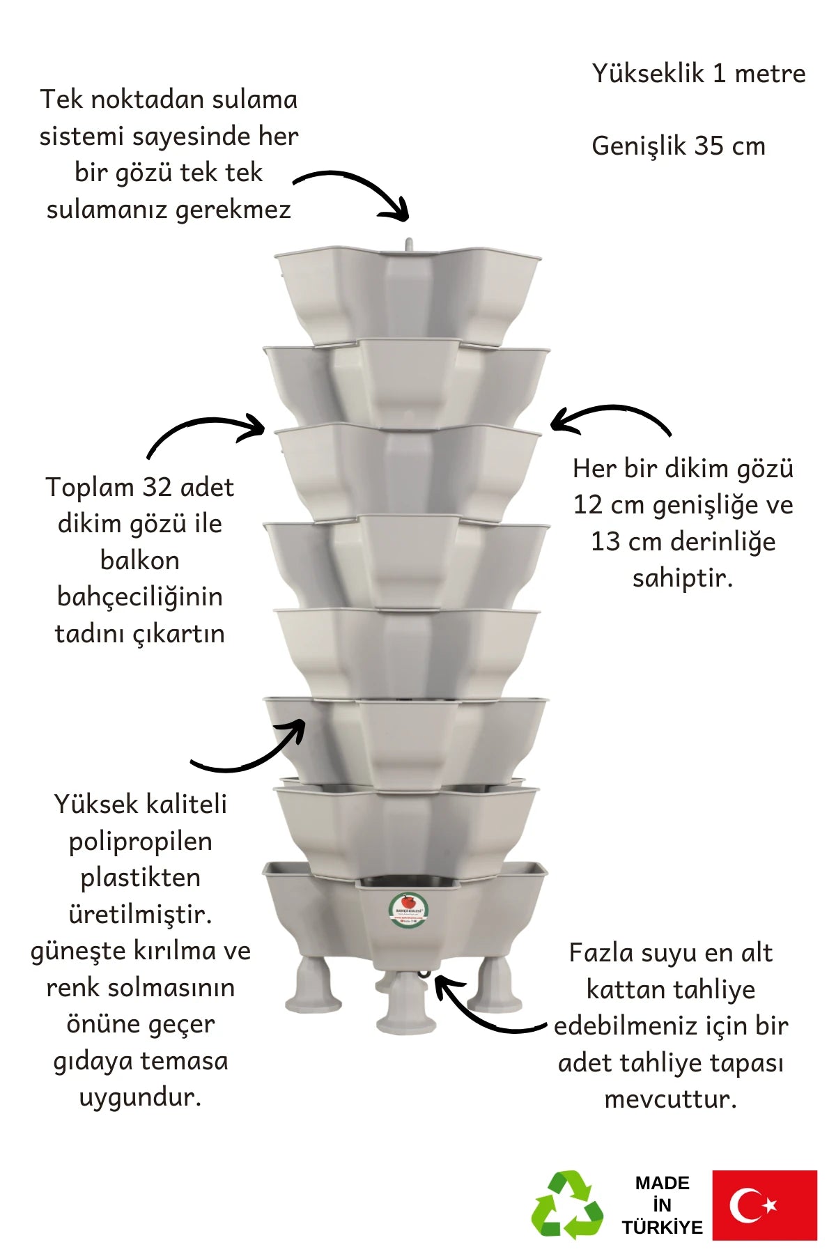 Yonca Sabit Bahçe Kulesi 8 Kat - 32 Gözlü Dikey Tarım Kulesi