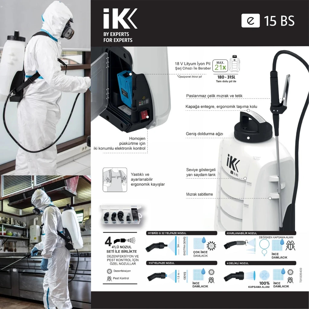 IK e 15 BS 18V Akülü Sırt Pompası – 15 L Profesyonel Dezenfeksiyon ve İlaçlama Cihazı
