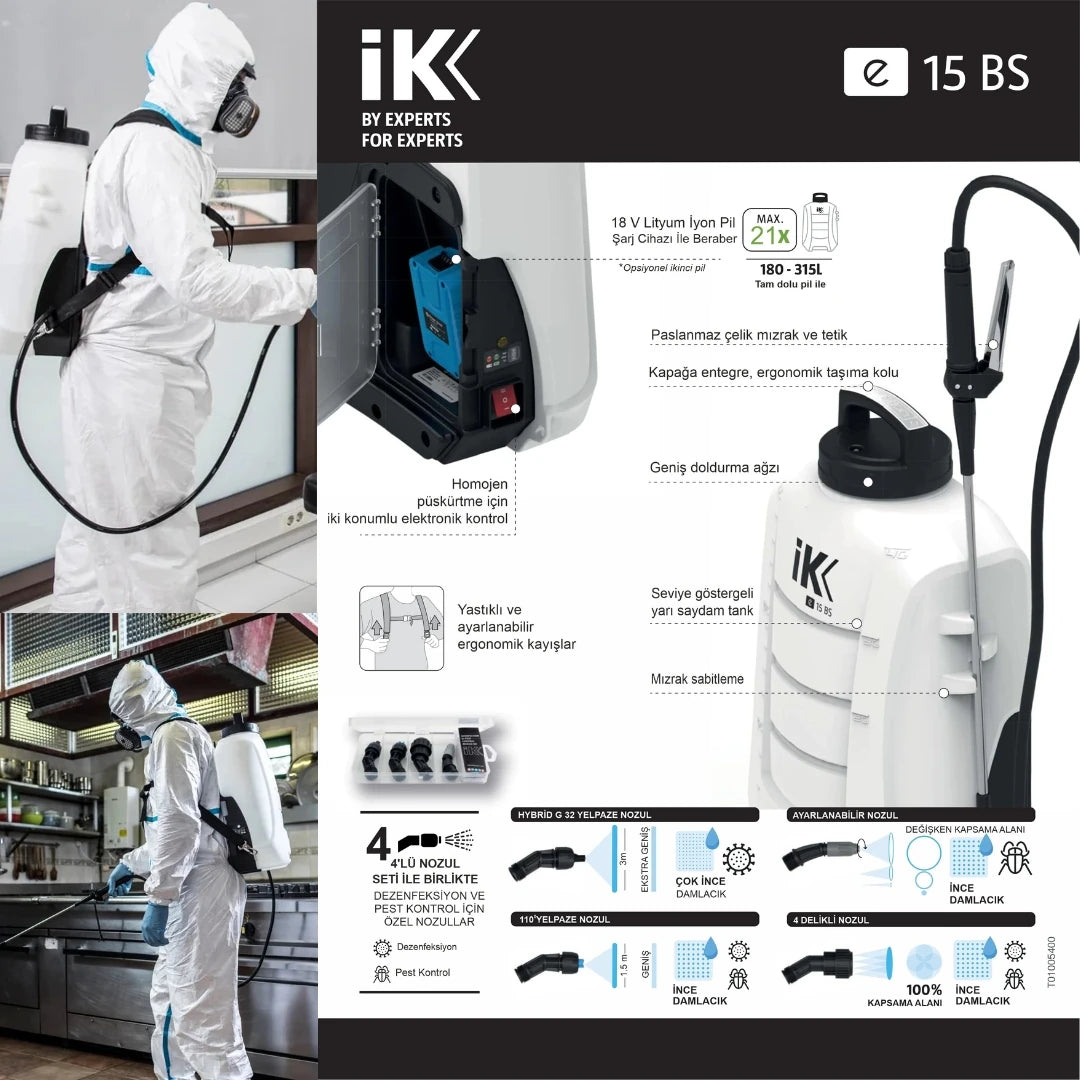 IK e 15 BS 18V Akülü Sırt Pompası – 15 L Profesyonel Dezenfeksiyon ve İlaçlama Cihazı