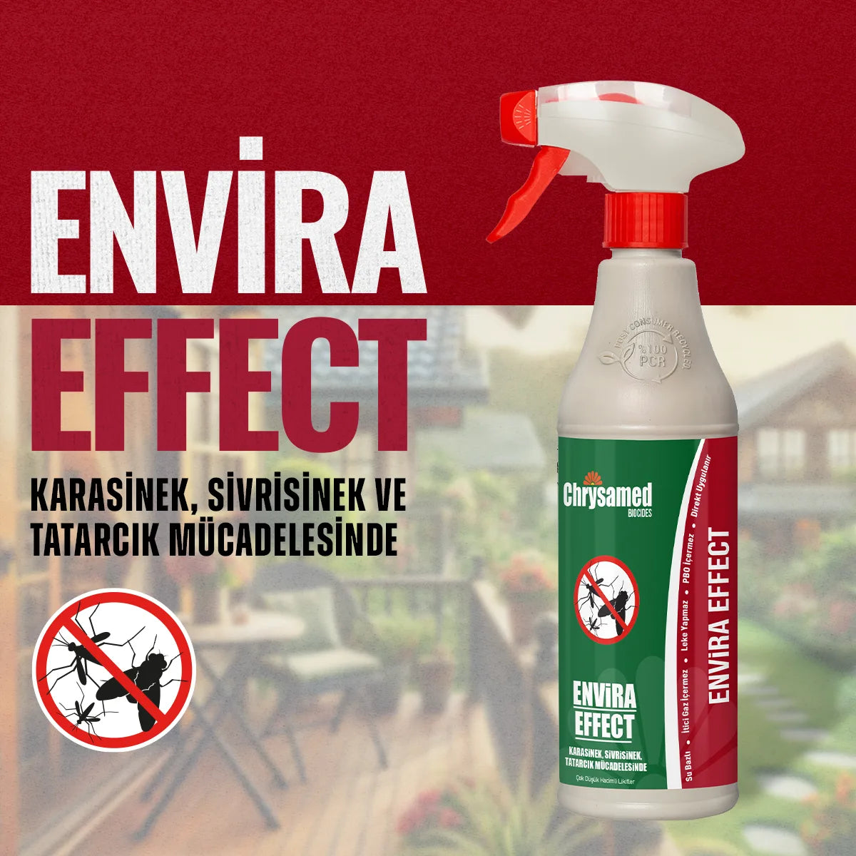Chrysamed Envira Effect 500 ml – kırmızı zeminli tanıtım görselinde tetikli sprey şişe ve karasinek, sivrisinek, hamamböceği simgeleri