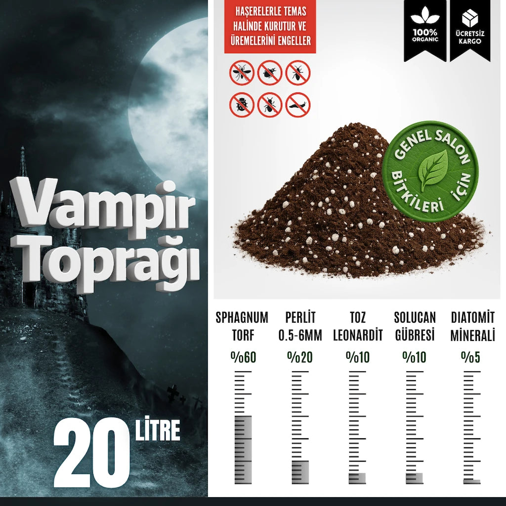 Diatomlu vampir toprağı 20 litre – haşere önleyici salon bitkisi toprağı paketi