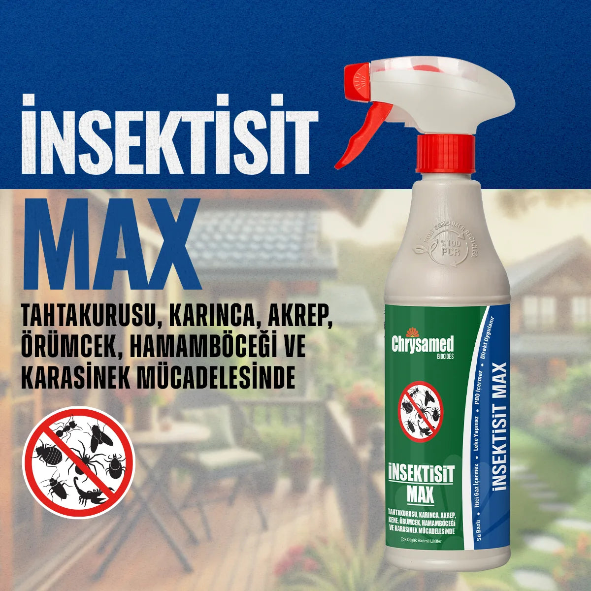 Chrysamed İnsektisit Max 500 ml – lacivert zeminli tanıtım görselinde tetikli sprey şişe ve hedef haşere simgeleri