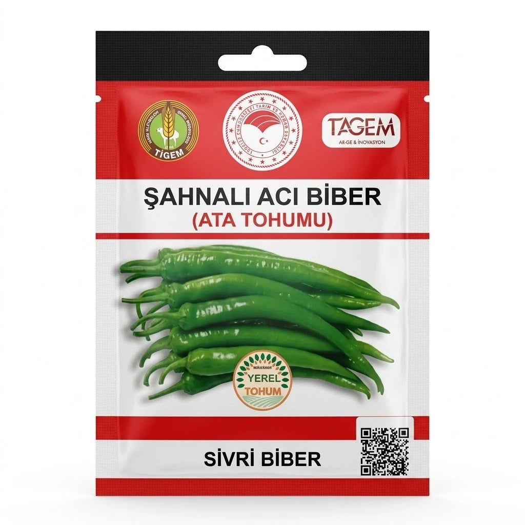 TAGEM Şahnalı acı sivri biber ata tohumu paketi – yan yana dizilmiş ince uzun, koyu yeşil sivri biberler görseli, kırmızı zeminli kilitli poşet