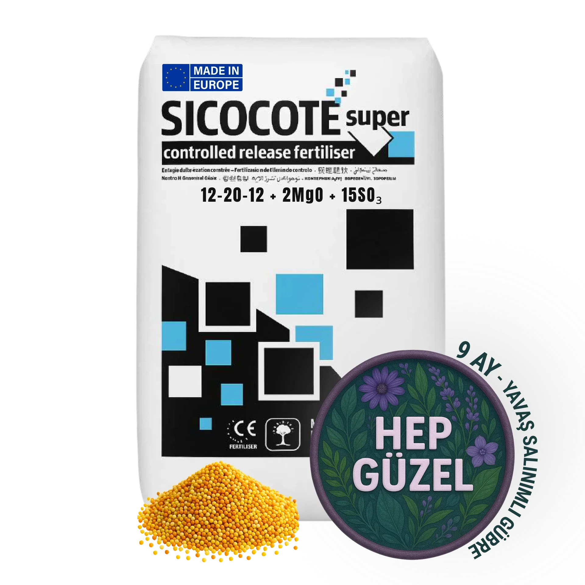 SICOCOTE Super Kontrollü Salınımlı Gübre (CRF) – NPK 12-20-12 + 2MgO + 15SO₃. | Made in EU | 25Kg - ambalajlı gübre ürünü görseli