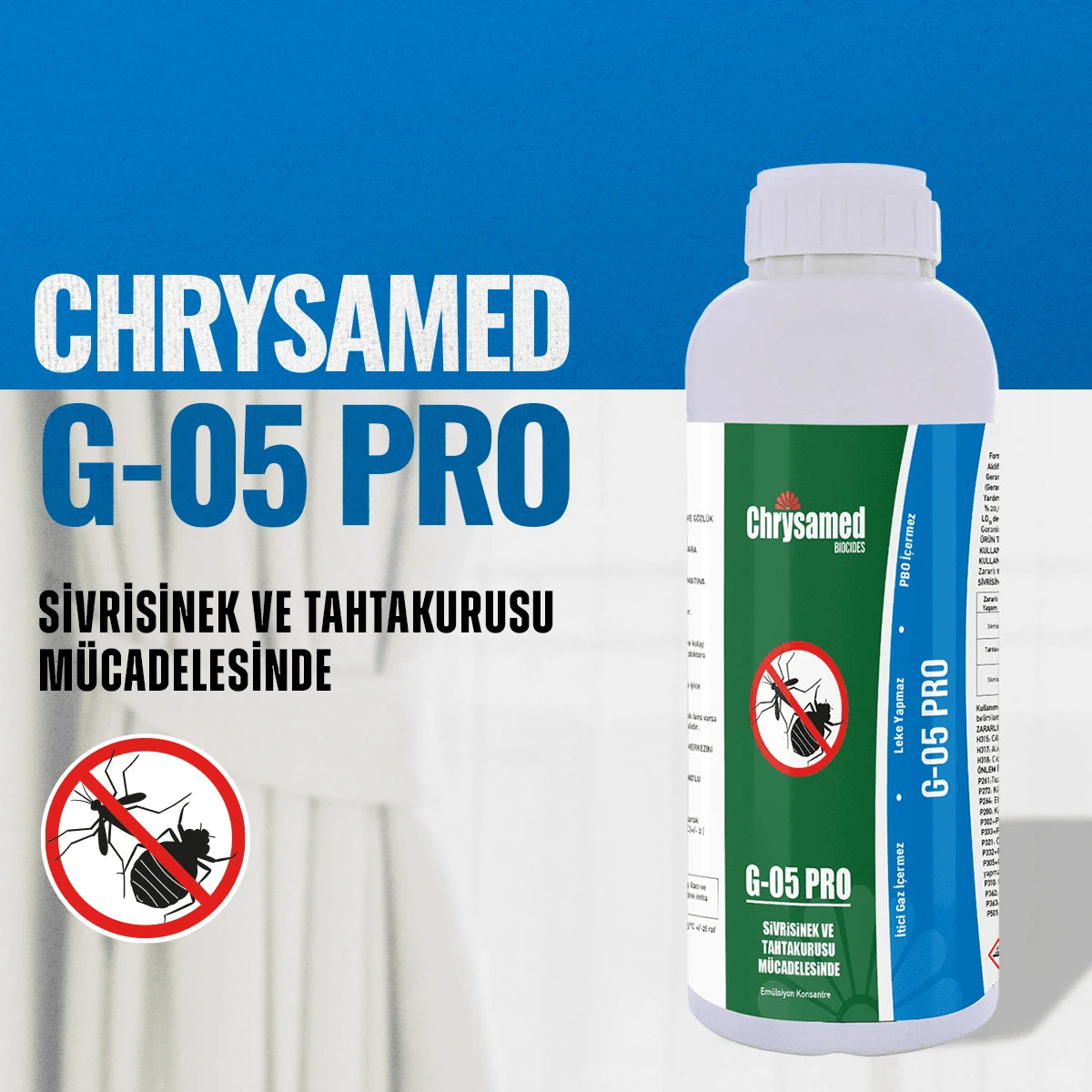 Chrysamed G-05 Pro 1 litre – mavi zeminli tanıtım görselinde beyaz konsantre şişesi ve sivrisinek ile tahtakurusu simgeleri