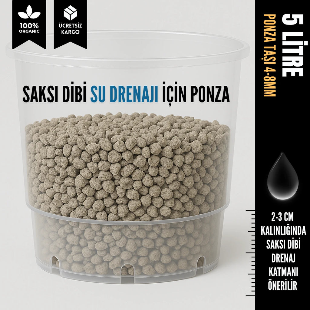 Saksı dibi drenaj ponza taşı 5 litre – 4-8 mm gözenekli volkanik tane